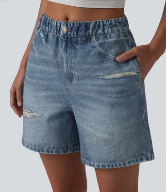 Mid Rise Denim Print French Terry Casual Sweat Shorts 5'' with Pockets