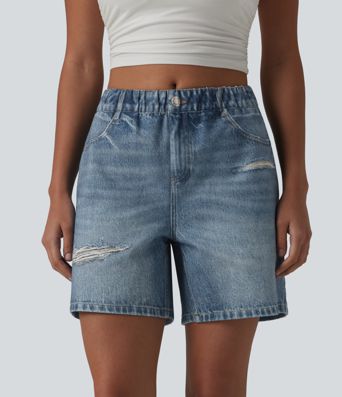 Mid Rise Denim Print French Terry Casual Sweat Shorts 5'' with Pockets