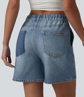 Mid Rise Denim Print French Terry Casual Sweat Shorts 5'' with Pockets