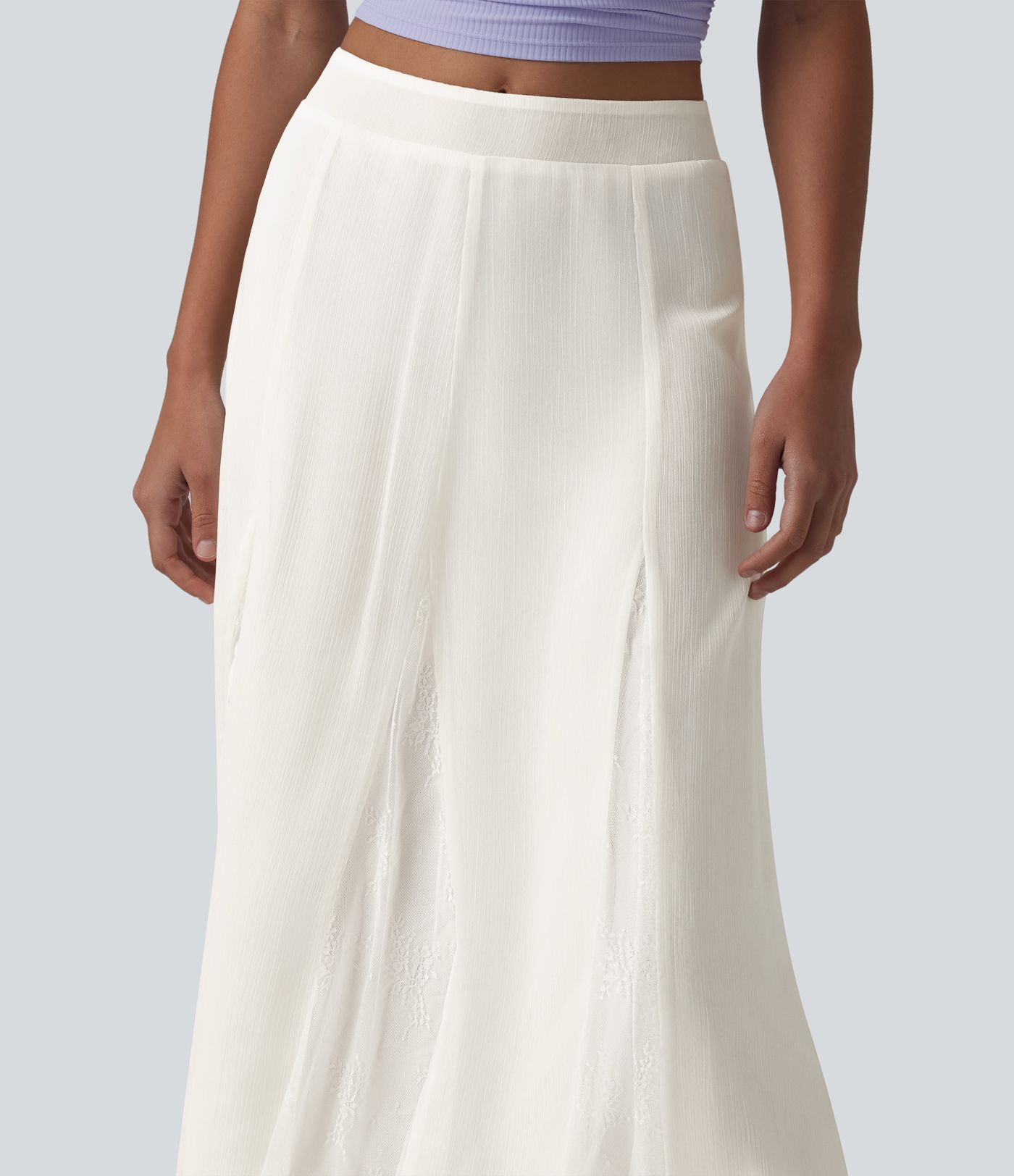 High Waisted Invisible Zipper Midi Contrast Lace Chiffon Party Flowy Skirt