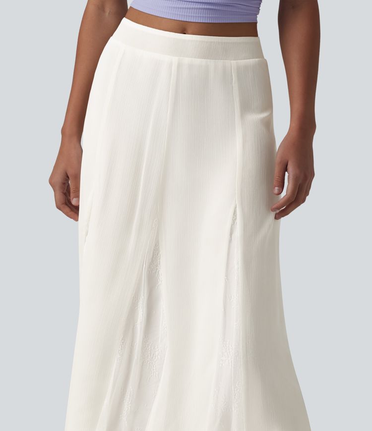 High Waisted Invisible Zipper Midi Contrast Lace Chiffon Party Flowy Skirt