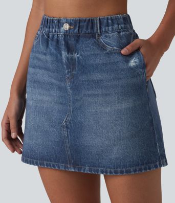 High Waisted Denim Print French Terry Casual Skirt with Pockets