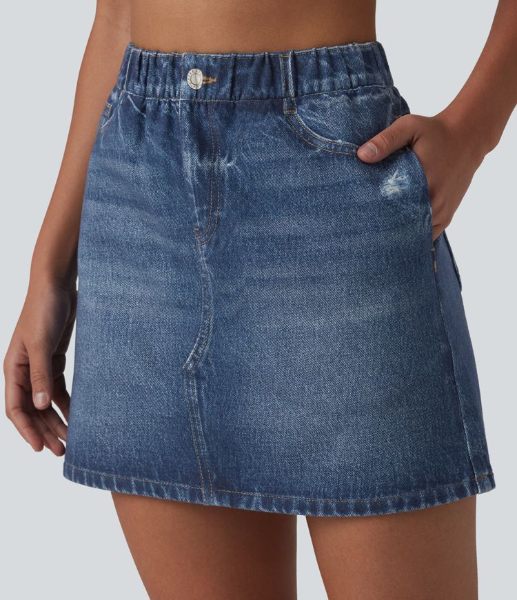 High Waisted Denim Print French Terry Casual Skirt with Pockets