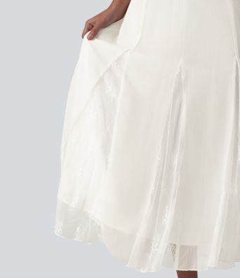 High Waisted Invisible Zipper Midi Contrast Lace Chiffon Party Flowy Skirt