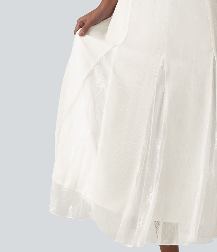 High Waisted Invisible Zipper Midi Contrast Lace Chiffon Party Flowy Skirt