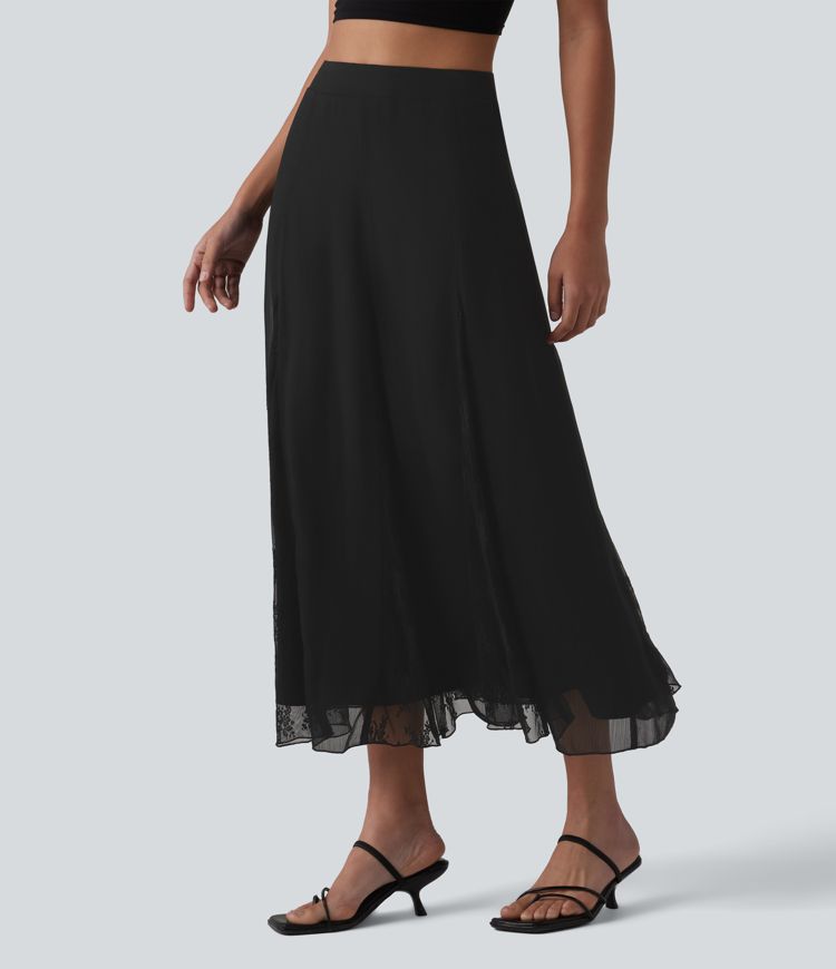 High Waisted Invisible Zipper Midi Contrast Lace Chiffon Party Flowy Skirt High Waisted Invisible Zipper Midi Contrast Lace Chiffon Party Flowy Skirt