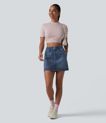 High Waisted Denim Print French Terry Casual Skirt with Pockets