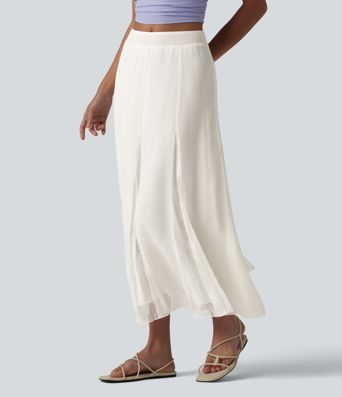 High Waisted Invisible Zipper Midi Contrast Lace Chiffon Party Flowy Skirt