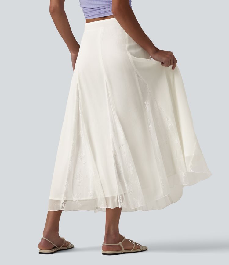 High Waisted Invisible Zipper Midi Contrast Lace Chiffon Party Flowy Skirt