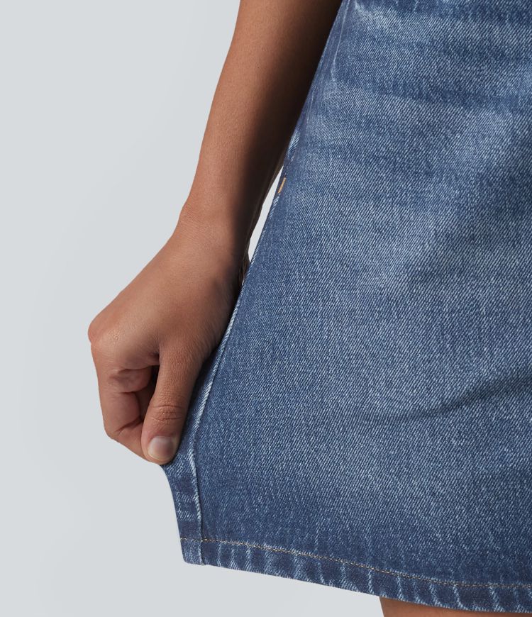 High Waisted Denim Print French Terry Casual Skirt with Pockets