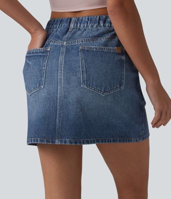 High Waisted Denim Print French Terry Casual Skirt with Pockets