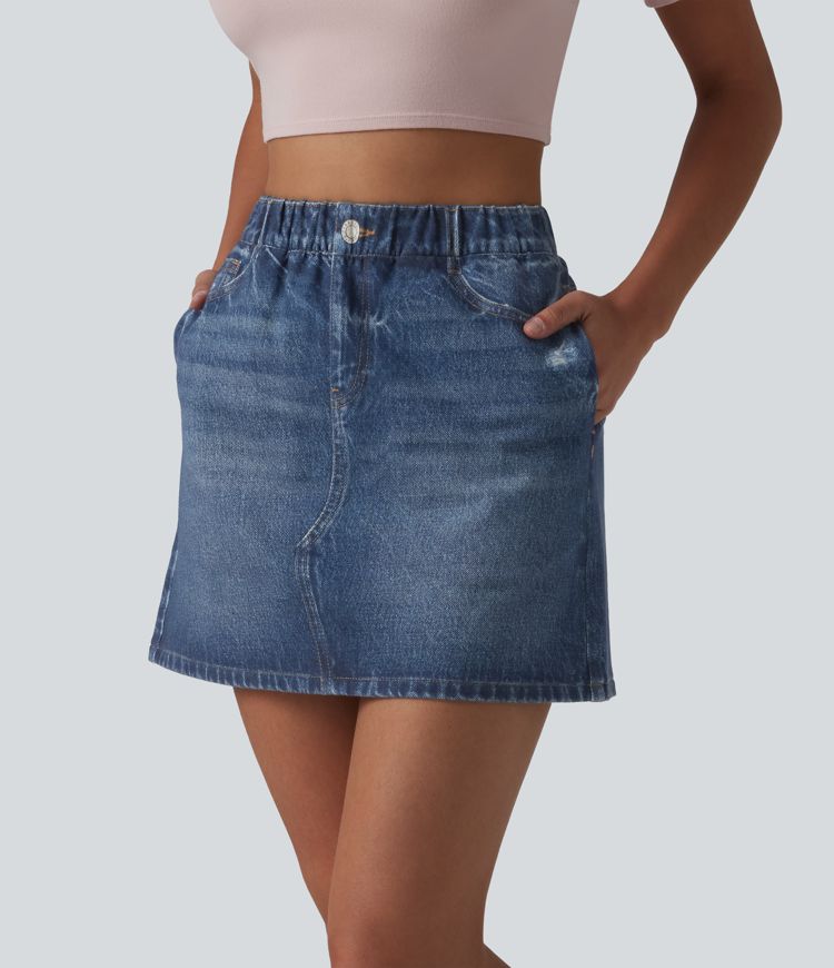 High Waisted Denim Print French Terry Casual Skirt with Pockets