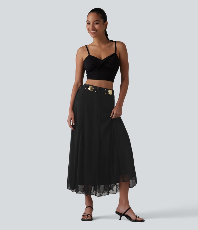 High Waisted Invisible Zipper Midi Contrast Lace Chiffon Party Flowy Skirt High Waisted Invisible Zipper Midi Contrast Lace Chiffon Party Flowy Skirt