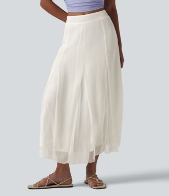 High Waisted Invisible Zipper Midi Contrast Lace Chiffon Party Flowy Skirt