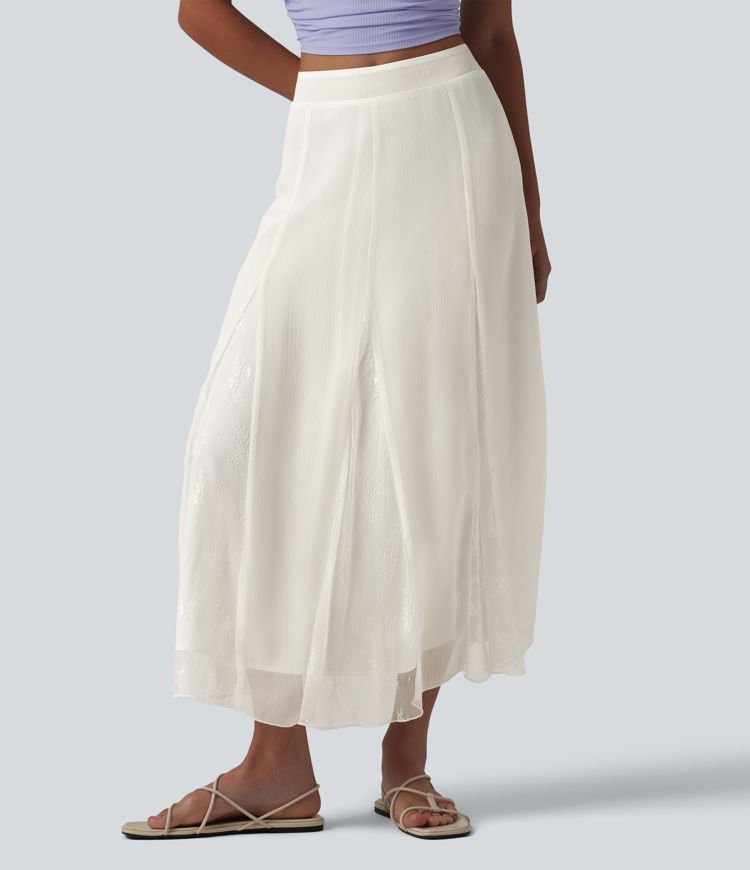 High Waisted Invisible Zipper Midi Contrast Lace Chiffon Party Flowy Skirt