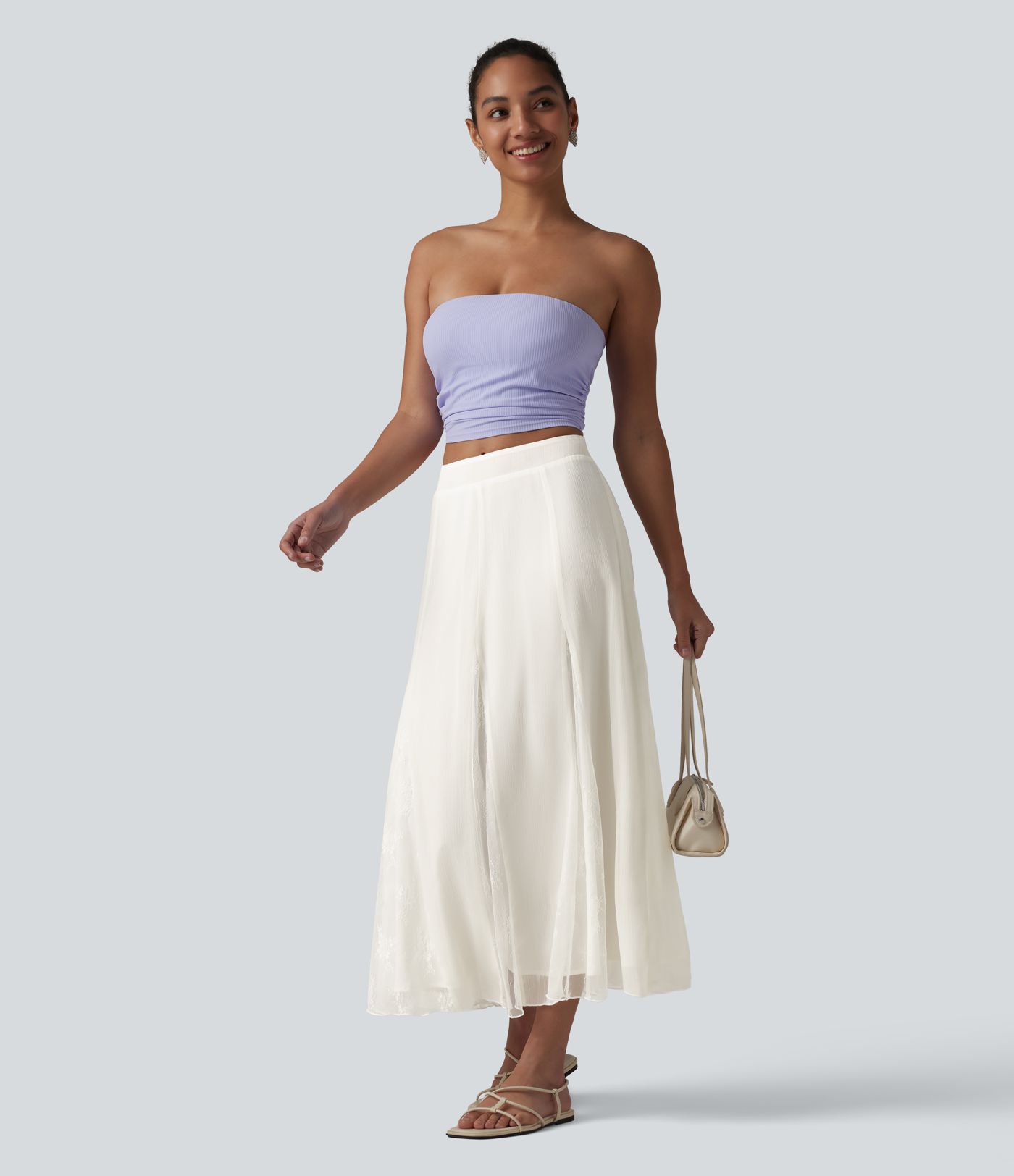 High Waisted Invisible Zipper Midi Contrast Lace Chiffon Party Flowy Skirt