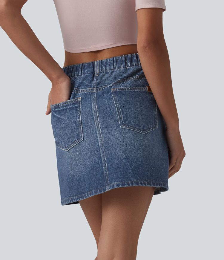 High Waisted Denim Print French Terry Casual Skirt with Pockets