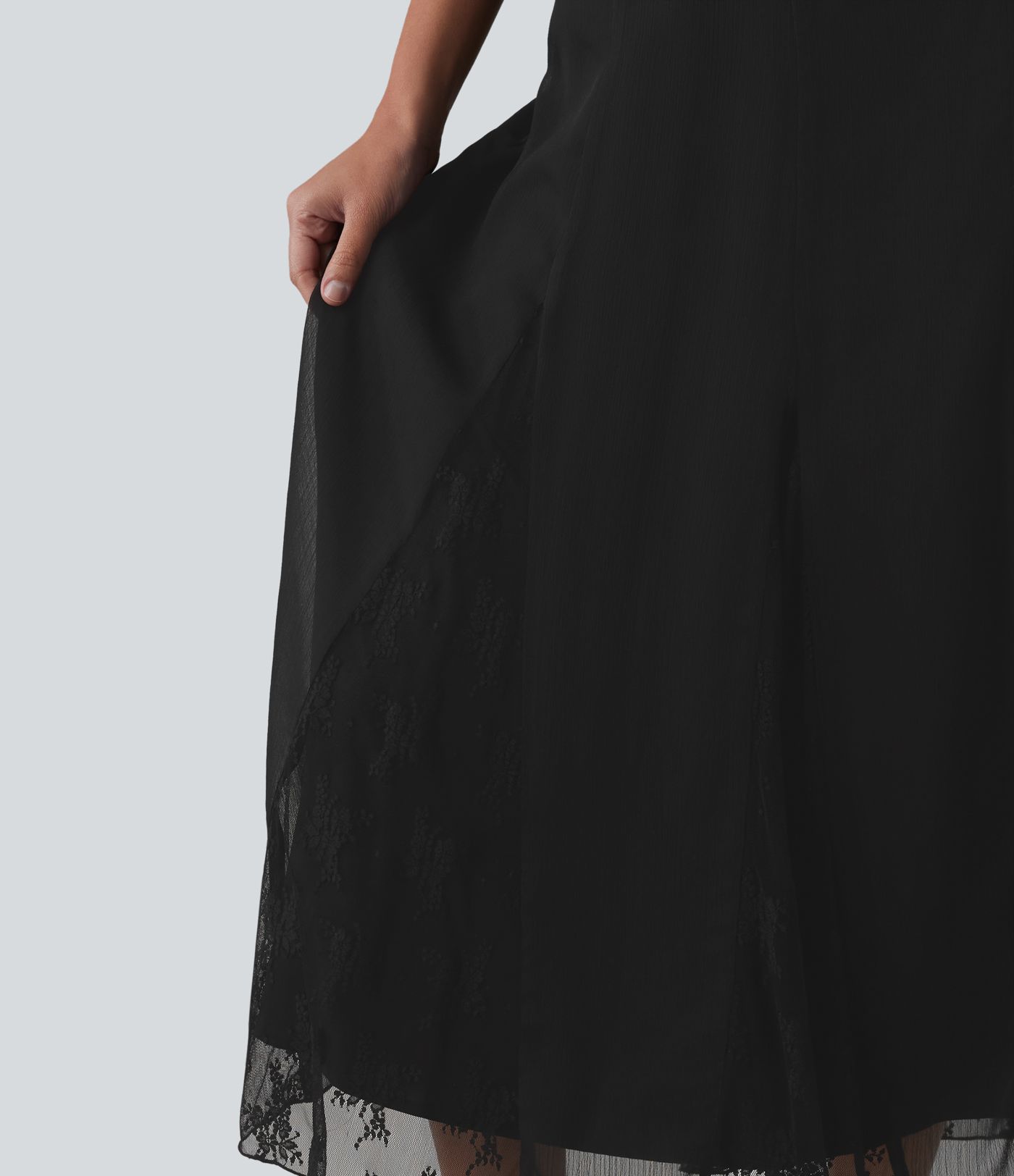 High Waisted Invisible Zipper Midi Contrast Lace Chiffon Party Flowy Skirt High Waisted Invisible Zipper Midi Contrast Lace Chiffon Party Flowy Skirt