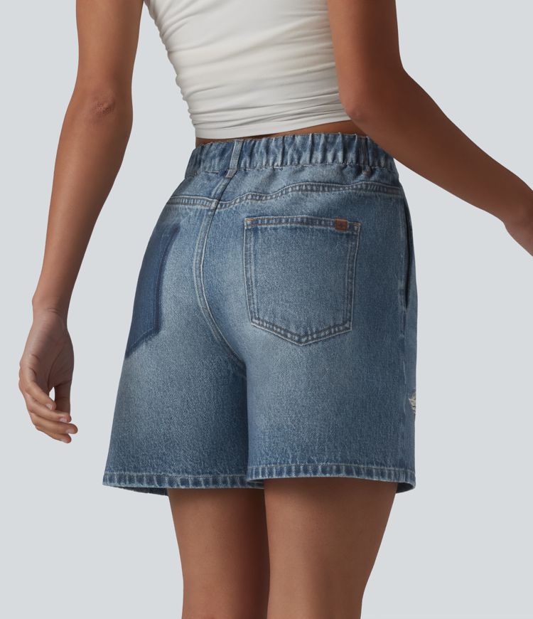 Mid Rise Denim Print French Terry Casual Sweat Shorts 5'' with Pockets