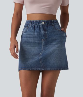 High Waisted Denim Print French Terry Casual Skirt with Pockets