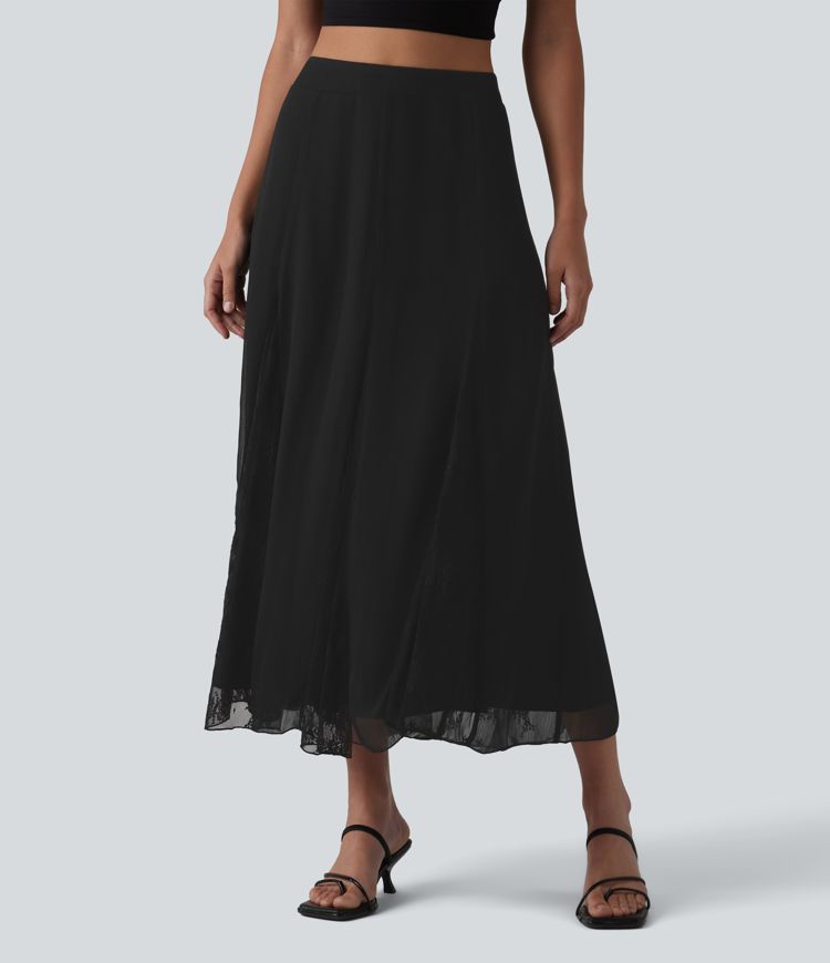 High Waisted Invisible Zipper Midi Contrast Lace Chiffon Party Flowy Skirt High Waisted Invisible Zipper Midi Contrast Lace Chiffon Party Flowy Skirt