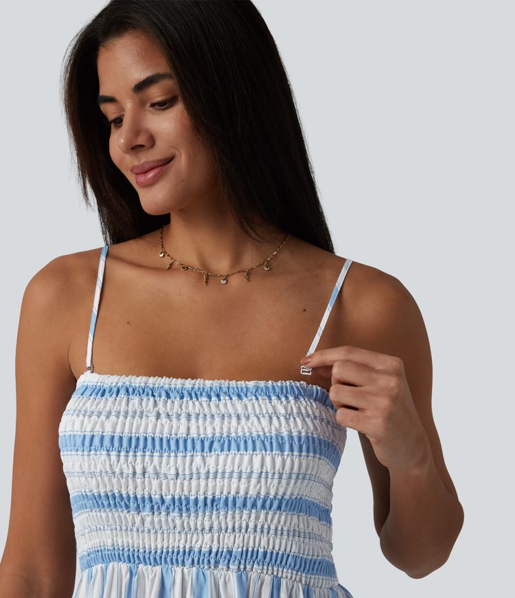 Removable Straps Shirred Stripes Linen-Feel Resort Slip Dress
