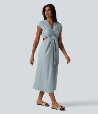 Midikleid mit V-Ausschnitt, Seitentaschen, kurzen Ärmeln, verstecktem Reißverschluss und verdrehtem Cut-Out-Design