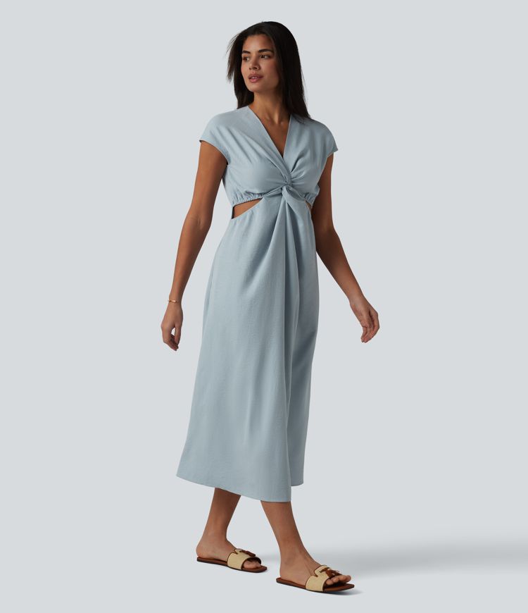 Midikleid mit V-Ausschnitt, Seitentaschen, kurzen Ärmeln, verstecktem Reißverschluss und verdrehtem Cut-Out-Design