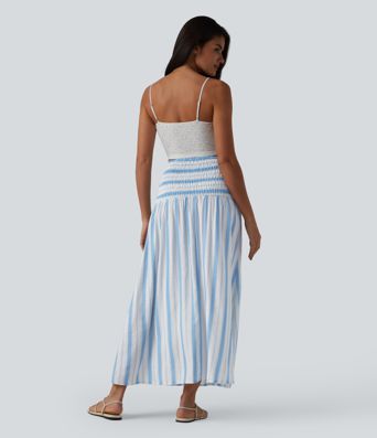 Removable Straps Shirred Stripes Linen-Feel Resort Slip Dress