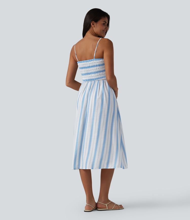 Removable Straps Shirred Stripes Linen-Feel Resort Slip Dress
