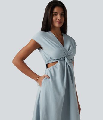 Midikleid mit V-Ausschnitt, Seitentaschen, kurzen Ärmeln, verstecktem Reißverschluss und verdrehtem Cut-Out-Design