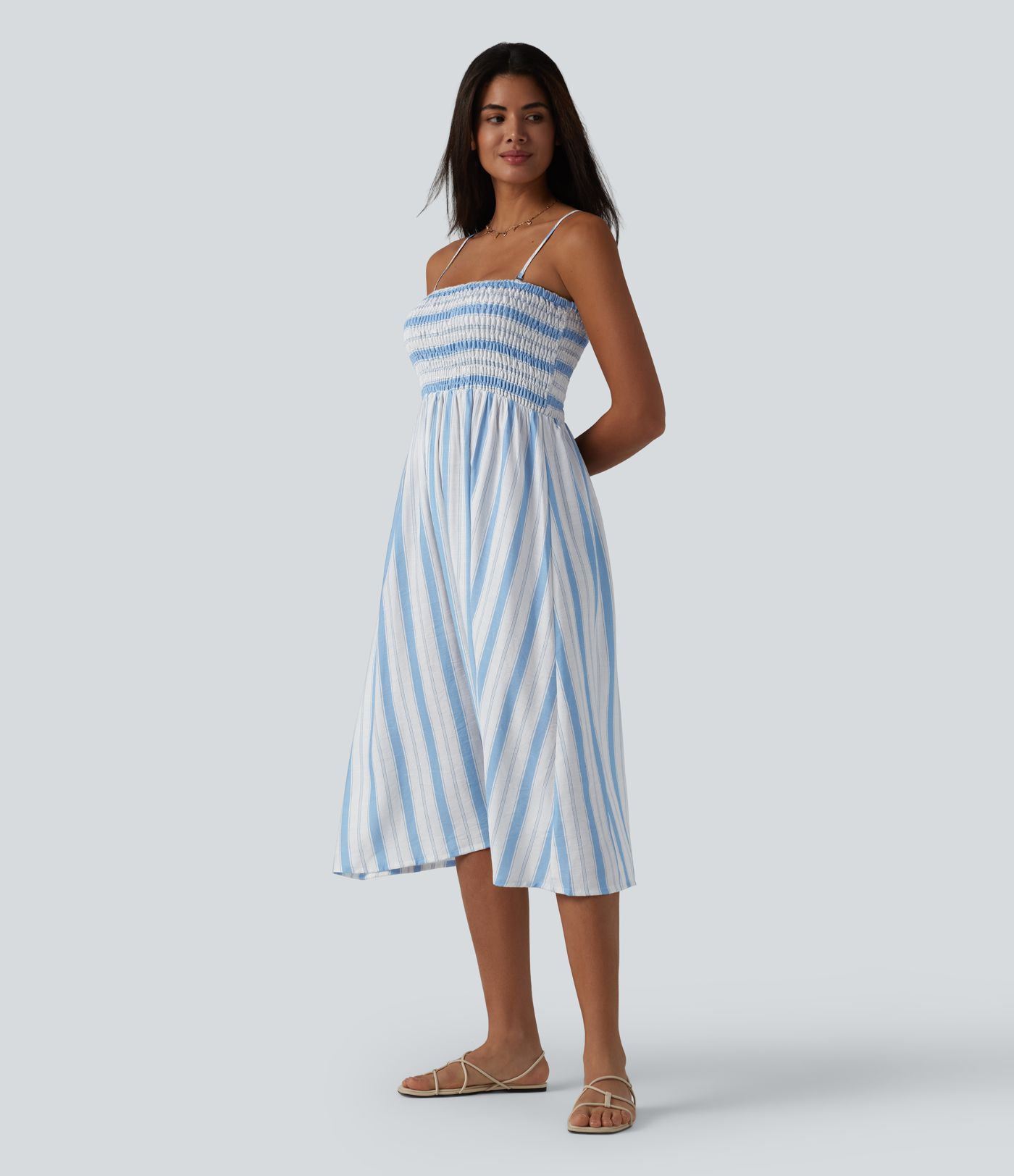 Removable Straps Shirred Stripes Linen-Feel Resort Slip Dress