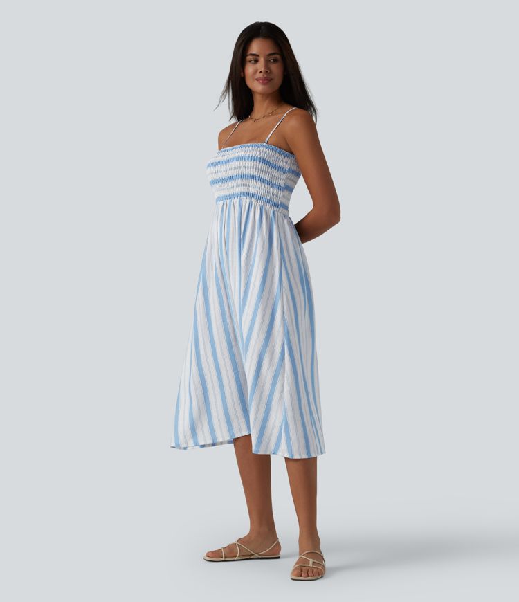 Removable Straps Shirred Stripes Linen-Feel Resort Slip Dress