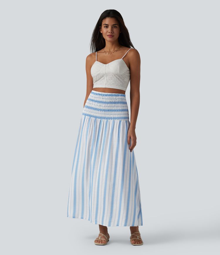Removable Straps Shirred Stripes Linen-Feel Resort Slip Dress