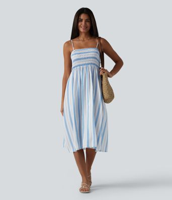 Removable Straps Shirred Stripes Linen-Feel Resort Slip Dress