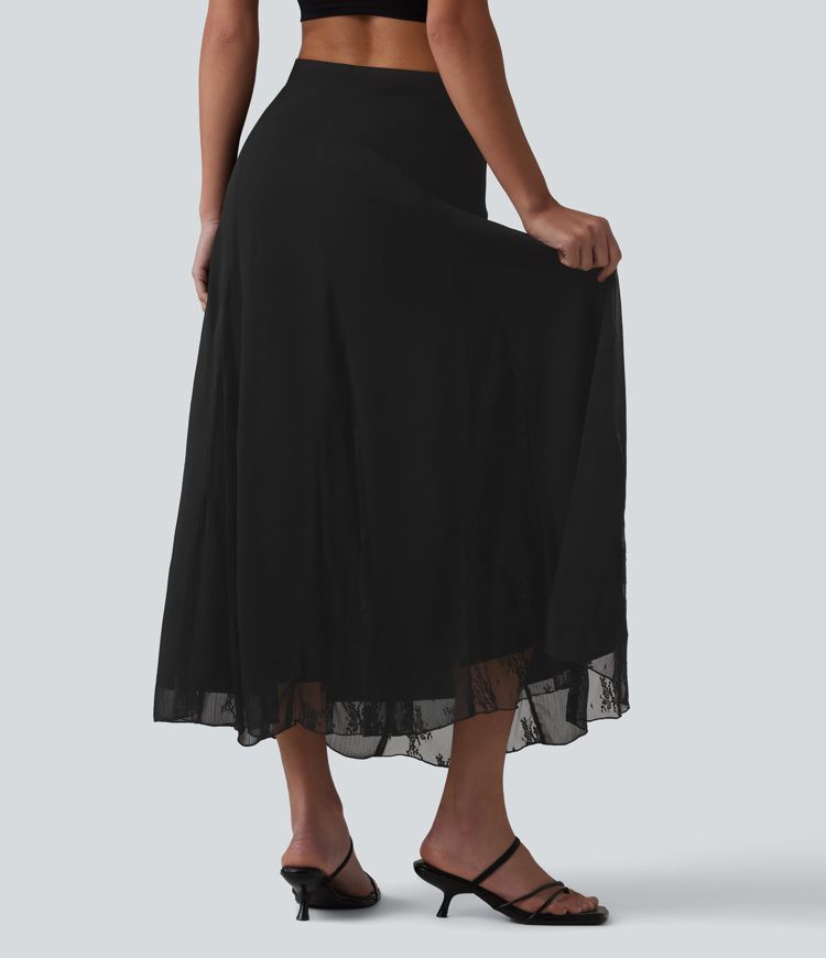 High Waisted Invisible Zipper Midi Contrast Lace Chiffon Party Flowy Skirt High Waisted Invisible Zipper Midi Contrast Lace Chiffon Party Flowy Skirt