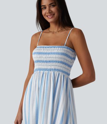 Removable Straps Shirred Stripes Linen-Feel Resort Slip Dress
