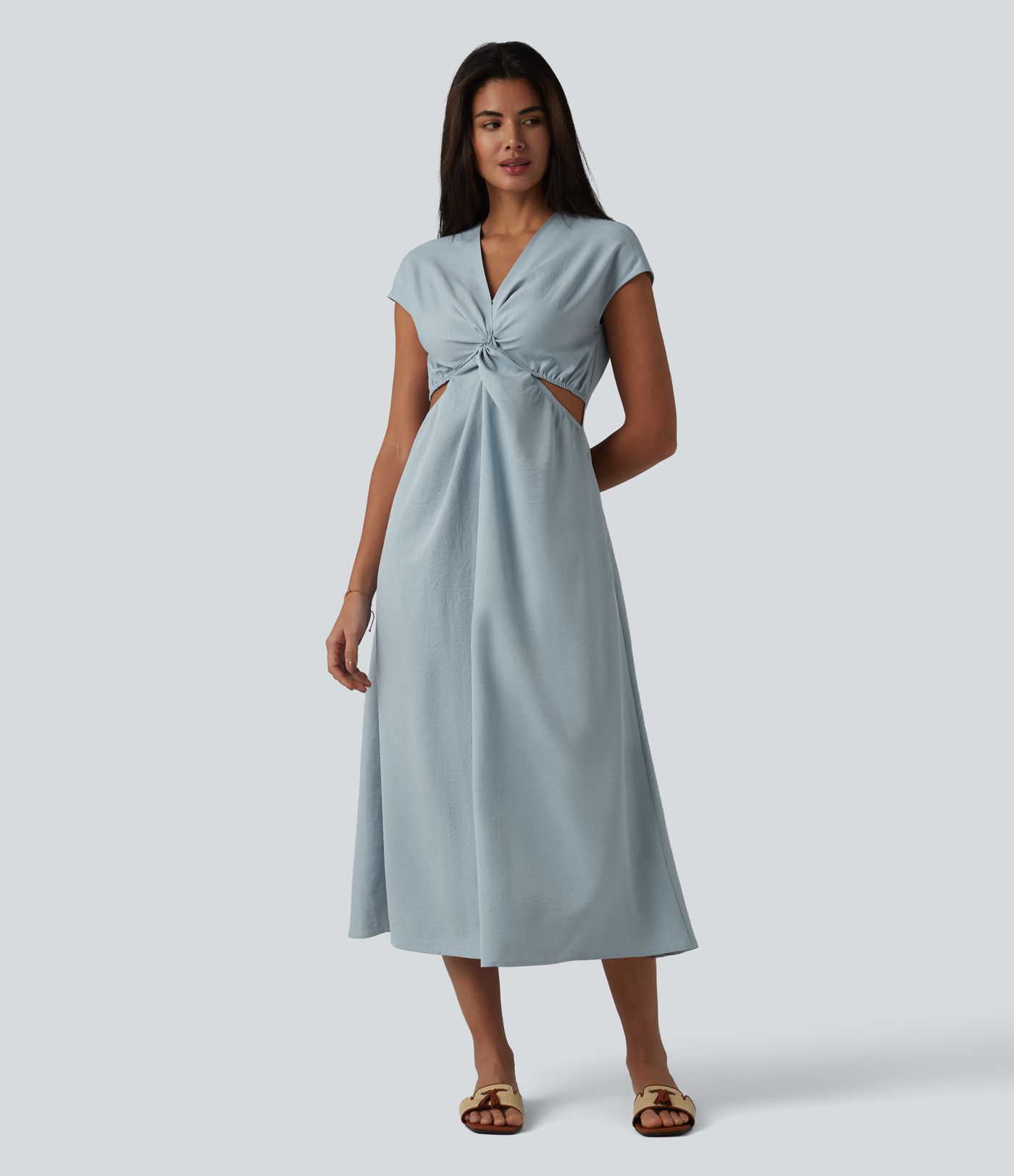 Midikleid mit V-Ausschnitt, Seitentaschen, kurzen Ärmeln, verstecktem Reißverschluss und verdrehtem Cut-Out-Design