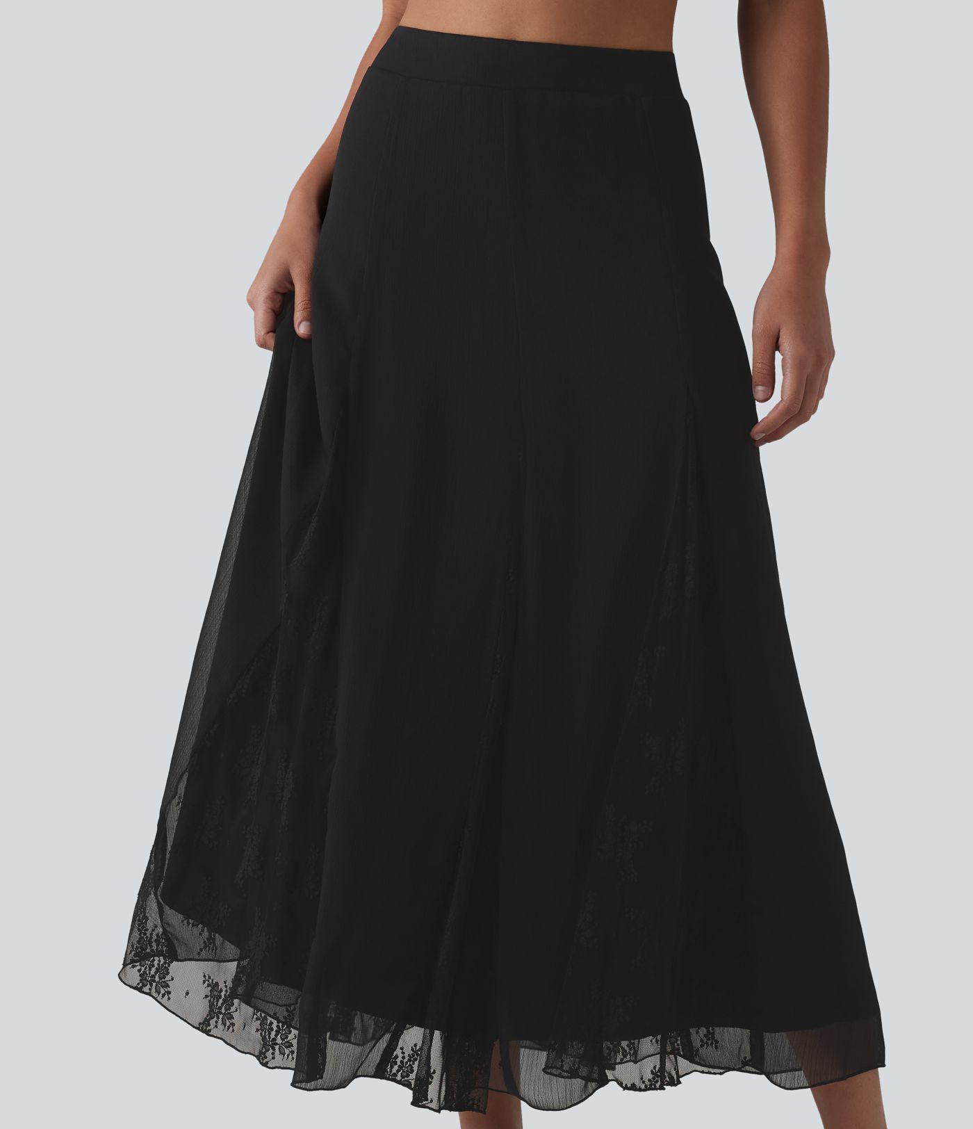 High Waisted Invisible Zipper Midi Contrast Lace Chiffon Party Flowy Skirt High Waisted Invisible Zipper Midi Contrast Lace Chiffon Party Flowy Skirt