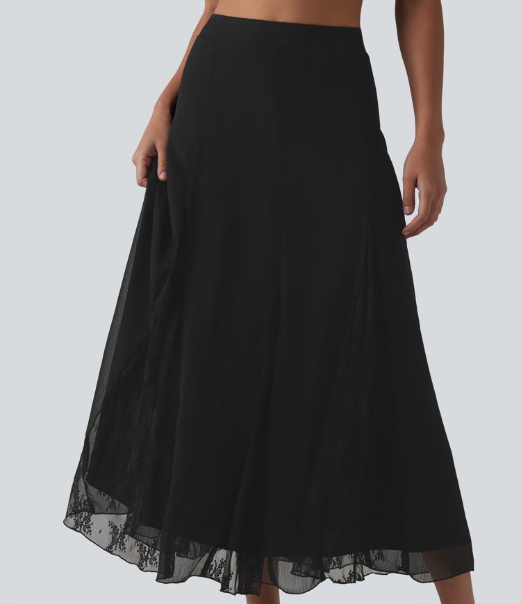 High Waisted Invisible Zipper Midi Contrast Lace Chiffon Party Flowy Skirt High Waisted Invisible Zipper Midi Contrast Lace Chiffon Party Flowy Skirt