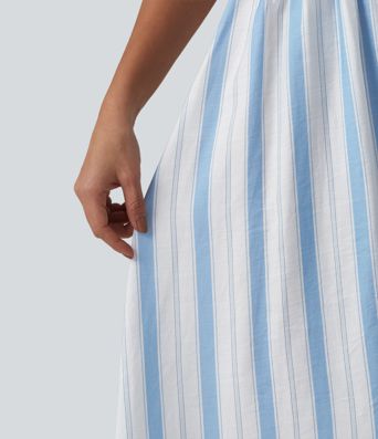 Removable Straps Shirred Stripes Linen-Feel Resort Slip Dress