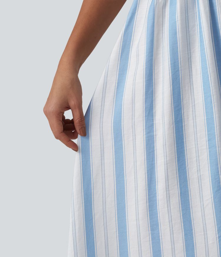 Removable Straps Shirred Stripes Linen-Feel Resort Slip Dress