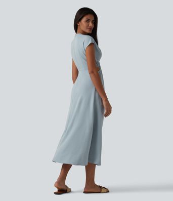 Midikleid mit V-Ausschnitt, Seitentaschen, kurzen Ärmeln, verstecktem Reißverschluss und verdrehtem Cut-Out-Design