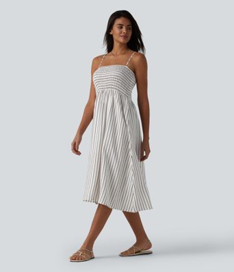 Removable Straps Shirred Stripes Linen-Feel Resort Slip Dress Removable Straps Shirred Stripes Linen-Feel Resort Slip Dress