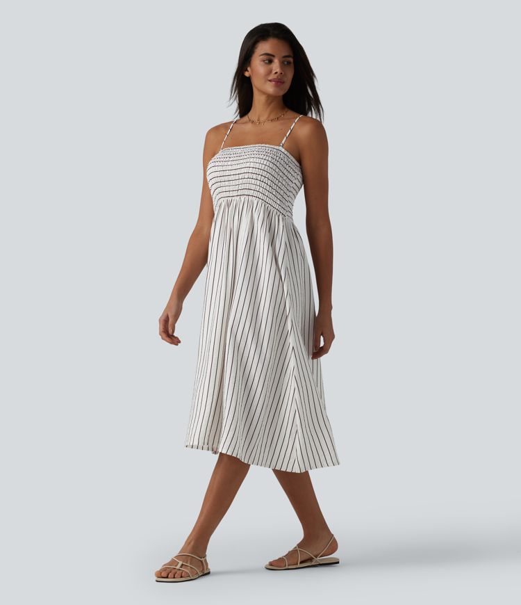 Removable Straps Shirred Stripes Linen-Feel Resort Slip Dress Removable Straps Shirred Stripes Linen-Feel Resort Slip Dress