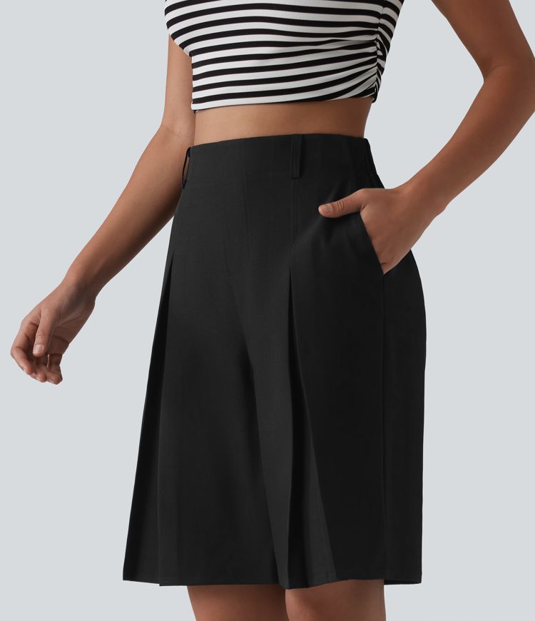 Wrinkle-resistant High Waisted Invisible Zipper Pleated Linen-Feel Casual Bermuda Baggy Shorts with Pockets