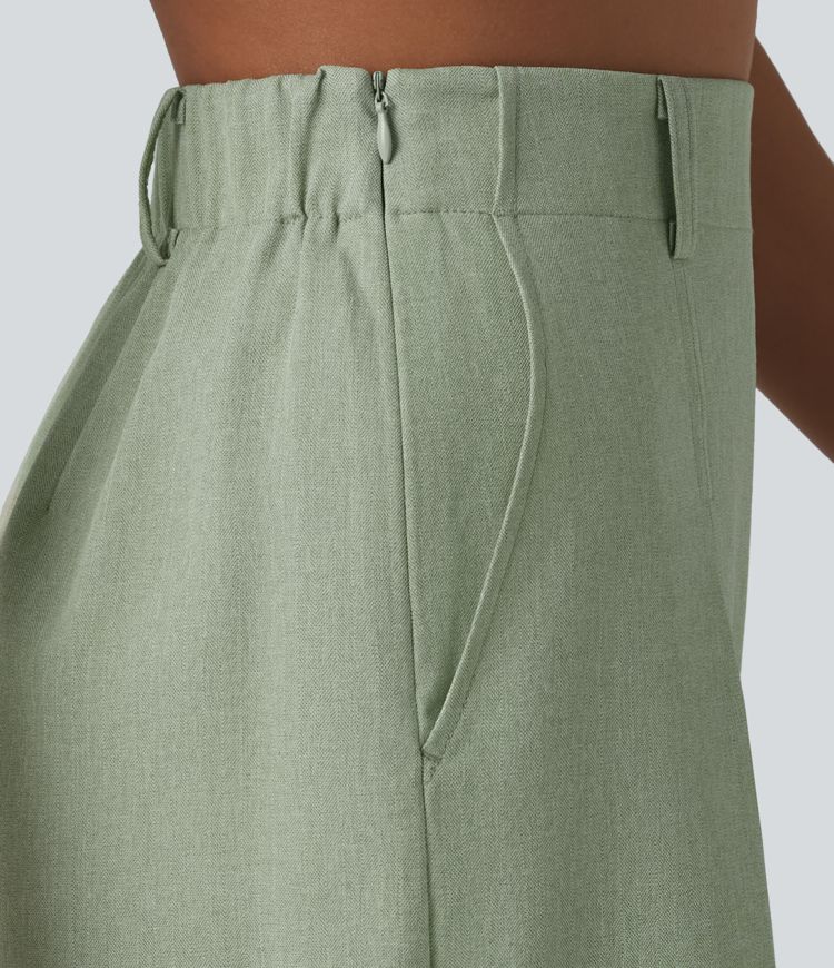 Plissierte Bermuda-Shorts in Leinenoptik mit hohem Bund, Seitentaschen und verstecktem Reißverschluss - knitterfrei