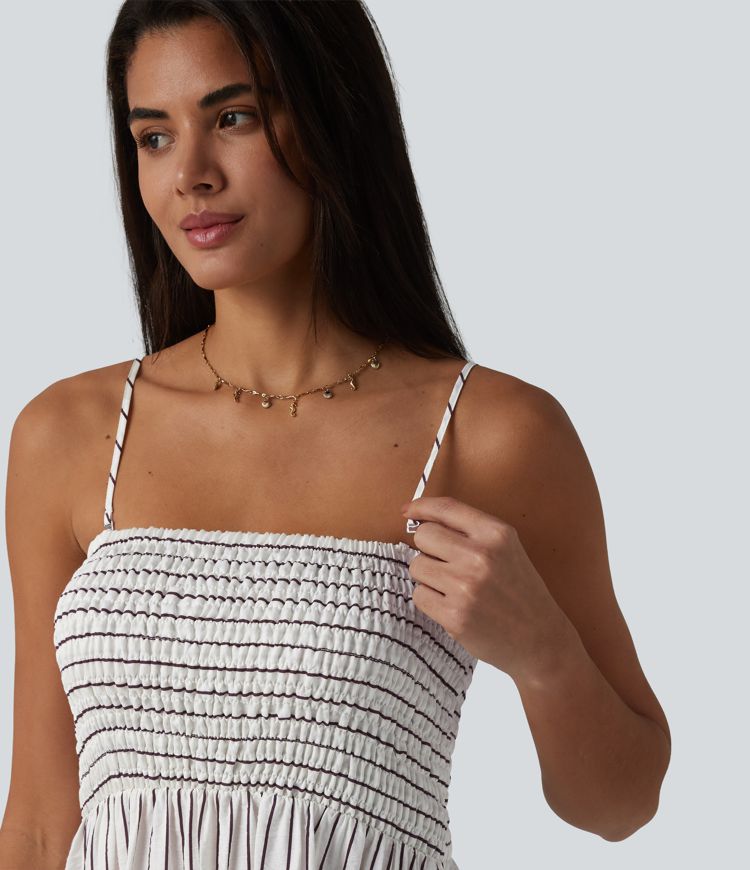 Removable Straps Shirred Stripes Linen-Feel Resort Slip Dress Removable Straps Shirred Stripes Linen-Feel Resort Slip Dress