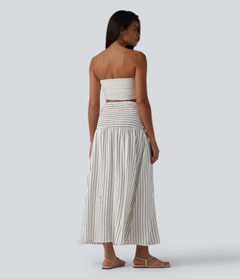Removable Straps Shirred Stripes Linen-Feel Resort Slip Dress Removable Straps Shirred Stripes Linen-Feel Resort Slip Dress