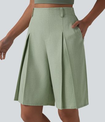 Plissierte Bermuda-Shorts in Leinenoptik mit hohem Bund, Seitentaschen und verstecktem Reißverschluss - knitterfrei